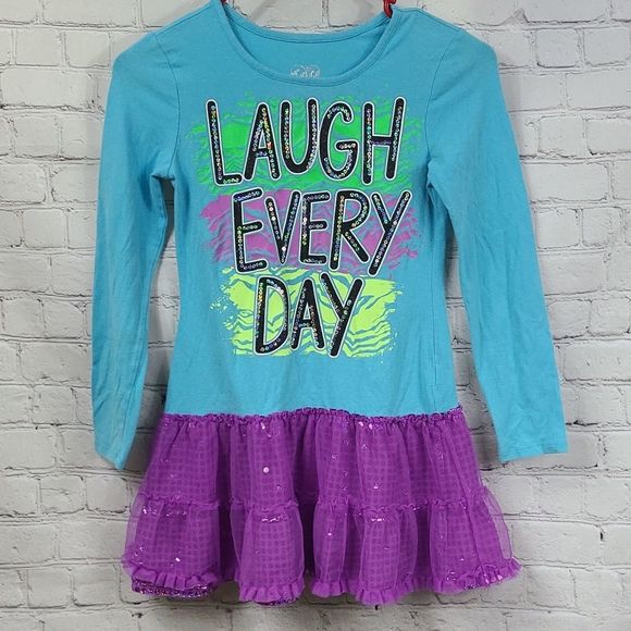 Justice Other - Justice Girls 8 Turquoise Laugh Every Day Long Sleeve Purple Tulle Sequin Dress